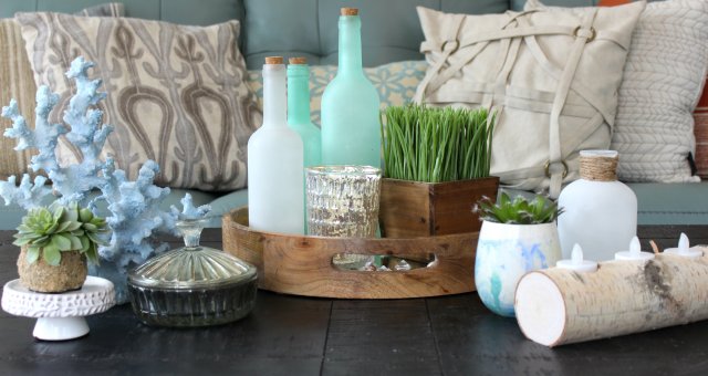 Coffee table decorated with a coastal theme