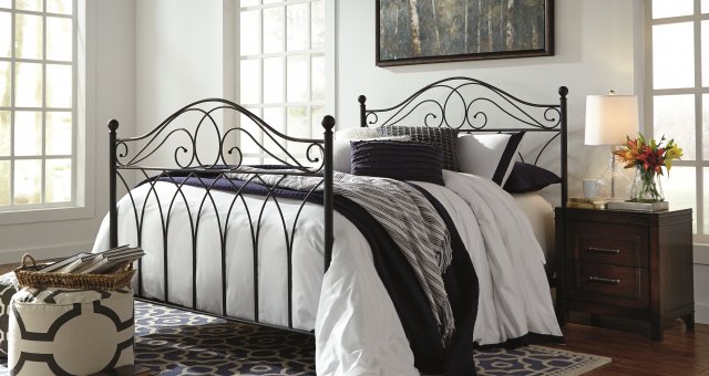 Nashburg metal bed frame with blue and white accents