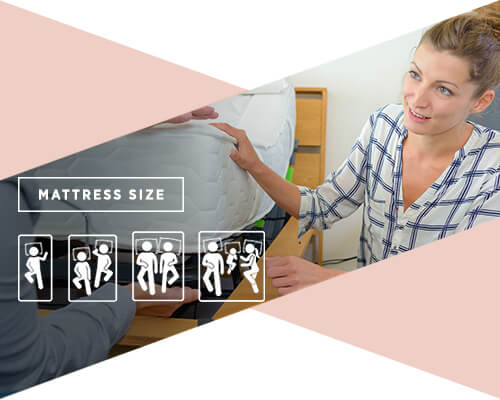 A chart of a woman looking at a mattress for child with the chart speaking to mattress sizes.