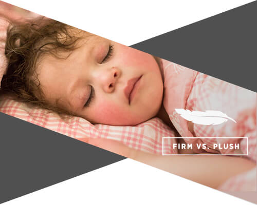 An image of a baby asleep on a bed with her eyes shit and underneath there is a small chart saying "firm vs. plush."